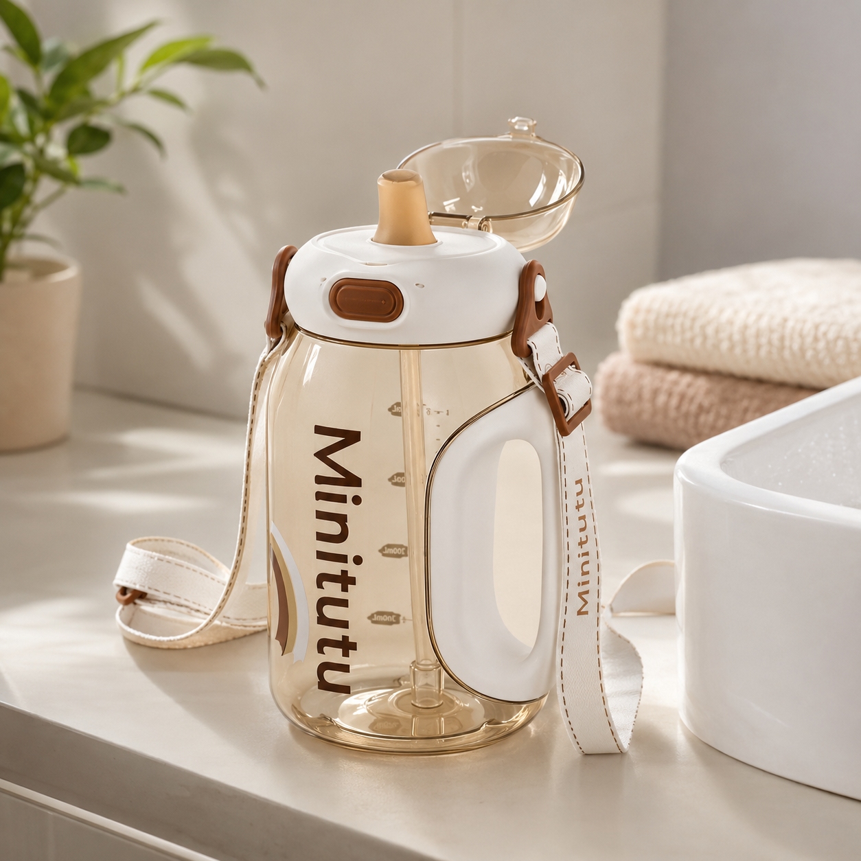 Minitutu Sports Water Bottle with Straw 700ml | PPSU BPA-Free Kids’ Bottle for 12+ Months | Brown CB724